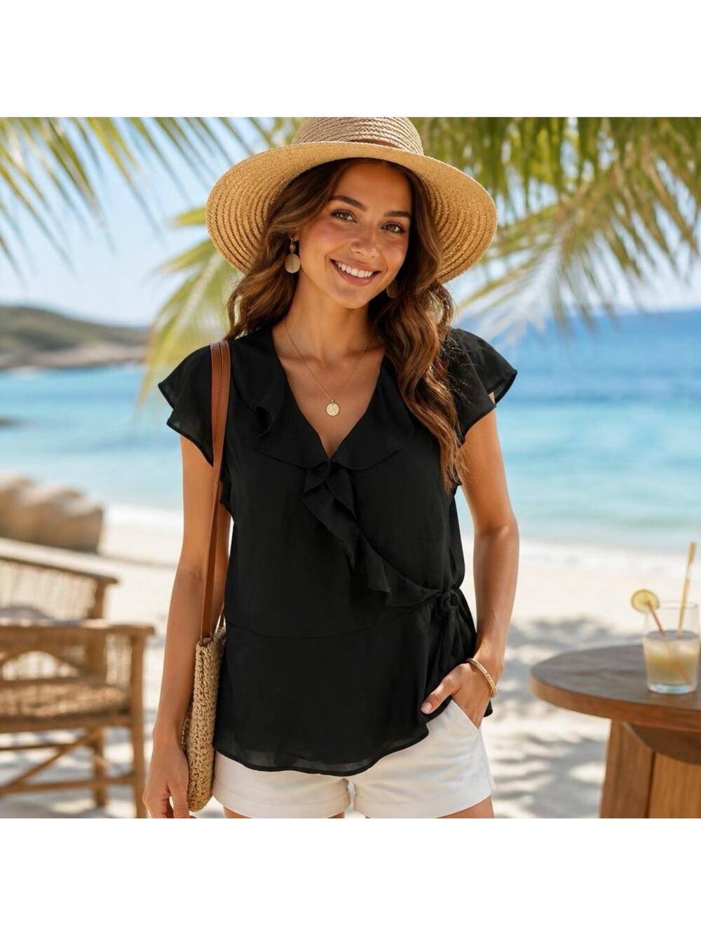 BananaRepublic Black Pintuck Ruffle Wrap Blouse ShortSleeve Victorian Top M New